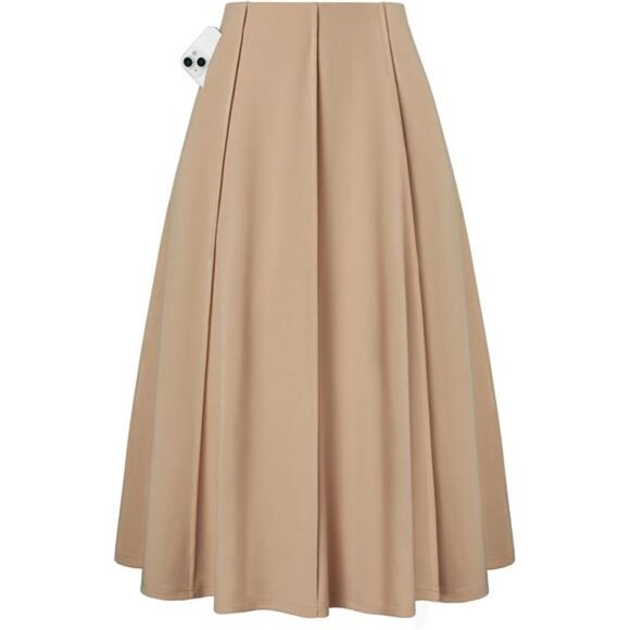 Women's Pleated Midi Skirt Fall High Waisted Khaki - Picture 1 of 5